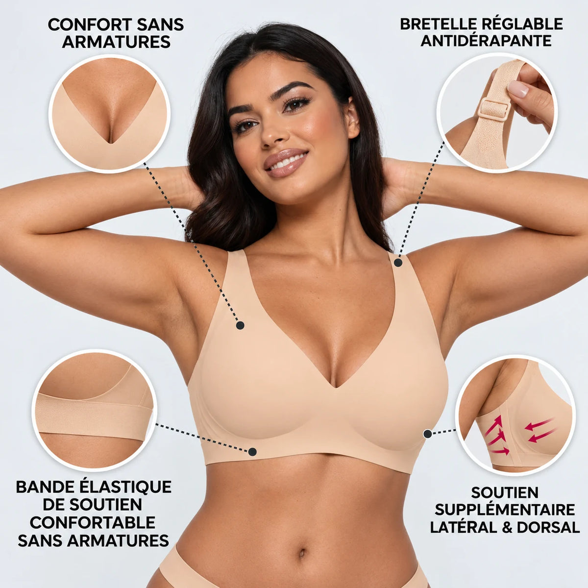 Alma Hamac 360™ beige : confort sans armatures, bretelles réglables, bande élastique, soutien latéral et dorsal